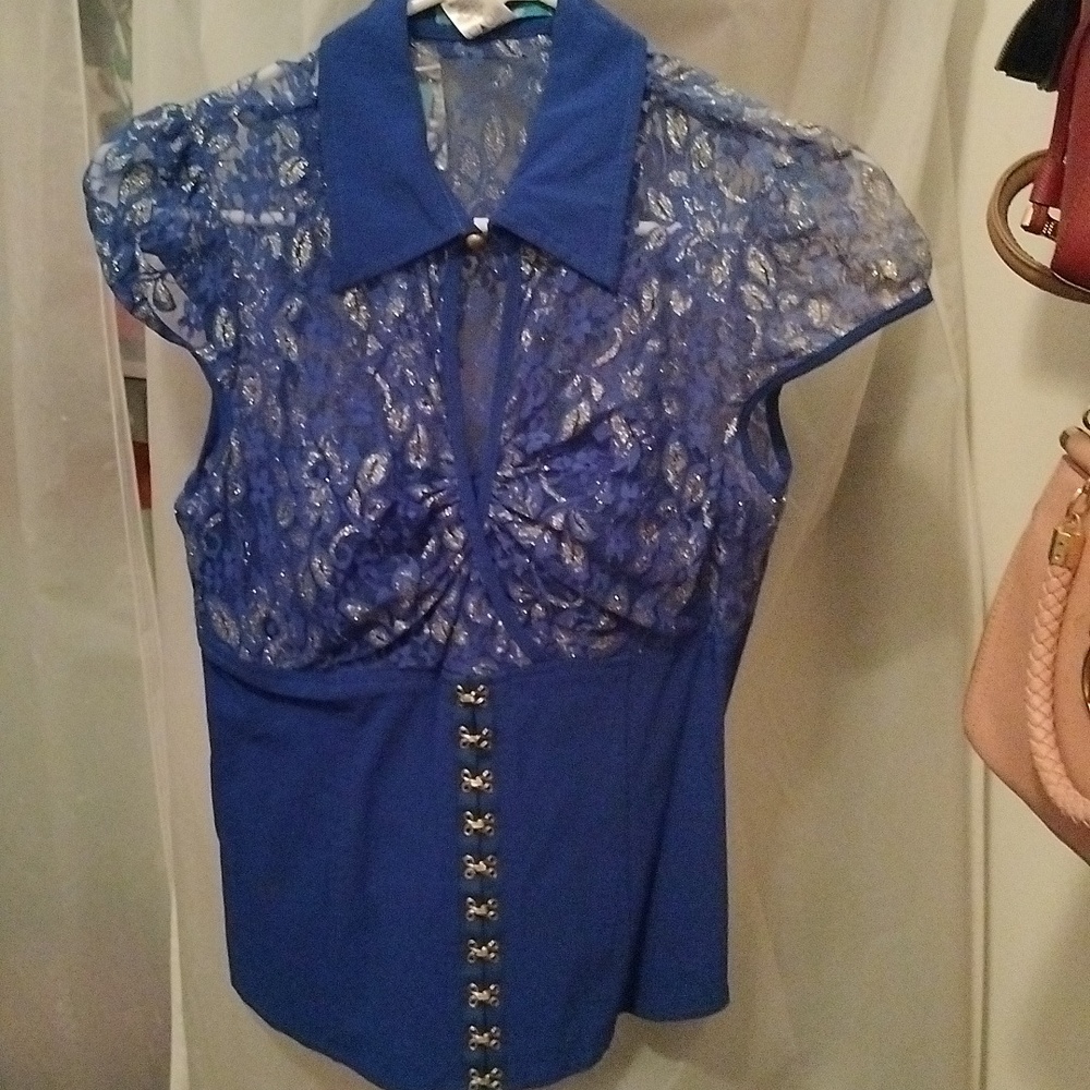 Blue and Gold  Shimmery Lace Corset Collar top